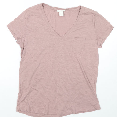 H&M Womens Beige Cotton Basic T-Shirt Size M V-Neck