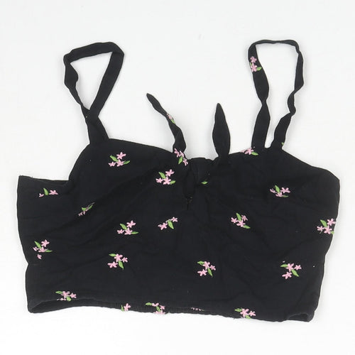 Miss Selfridge Womens Black Floral Cotton Cropped Tank Size 6 Square Neck