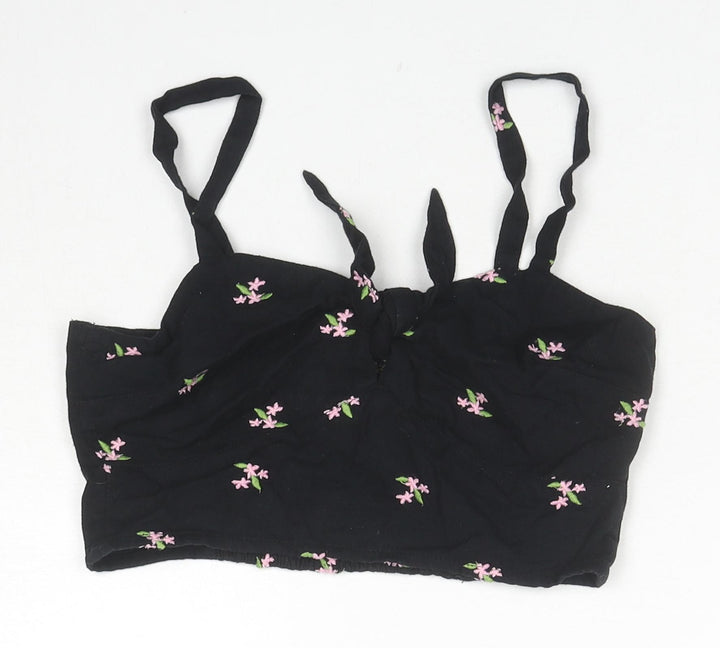 Miss Selfridge Womens Black Floral Cotton Cropped Tank Size 6 Square Neck