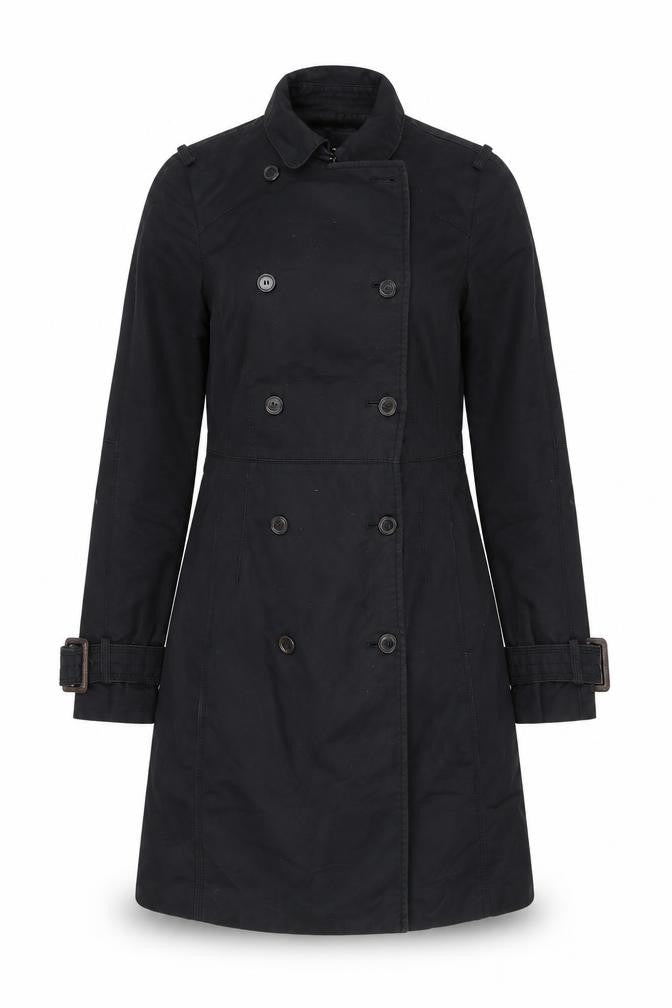 Front view of Zara women’s black trench coat jacket, size XS, button