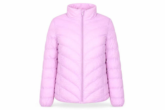 Front view of Marks & Spencer women’s pink puffer jacket coat, size UK 6, zip