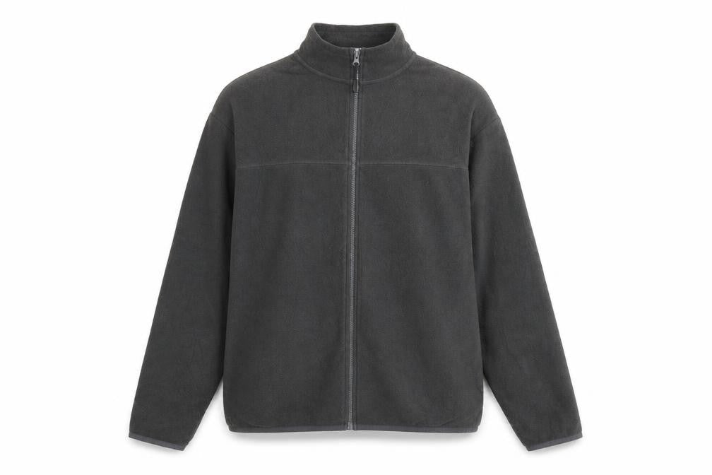 Front view of ASOS men’s grey polyester full zip sweatshirt, size S