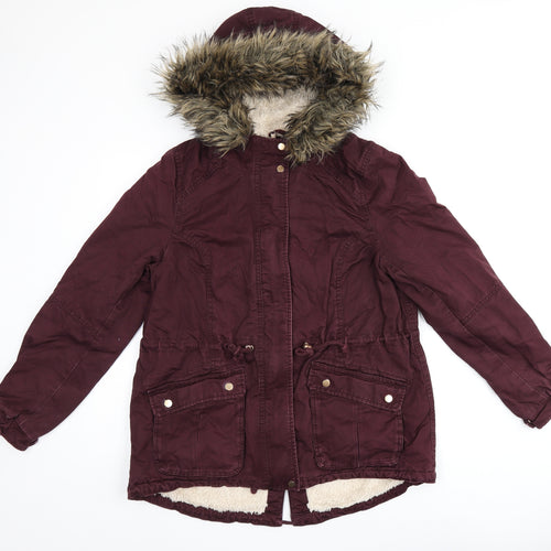 H&M Womens Red Parka Coat Size 14 Zip - Fur Hood