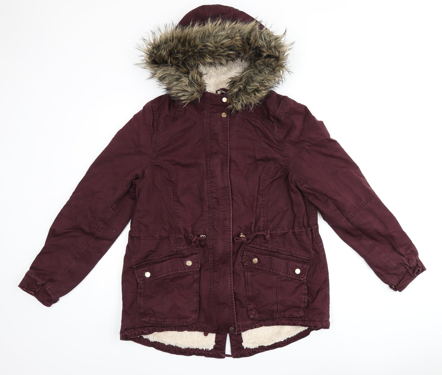 H&M Womens Red Parka Coat Size 14 Zip - Fur Hood
