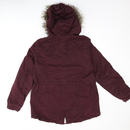 H&M Womens Red Parka Coat Size 14 Zip - Fur Hood