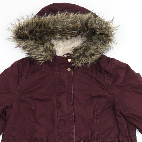 H&M Womens Red Parka Coat Size 14 Zip - Fur Hood