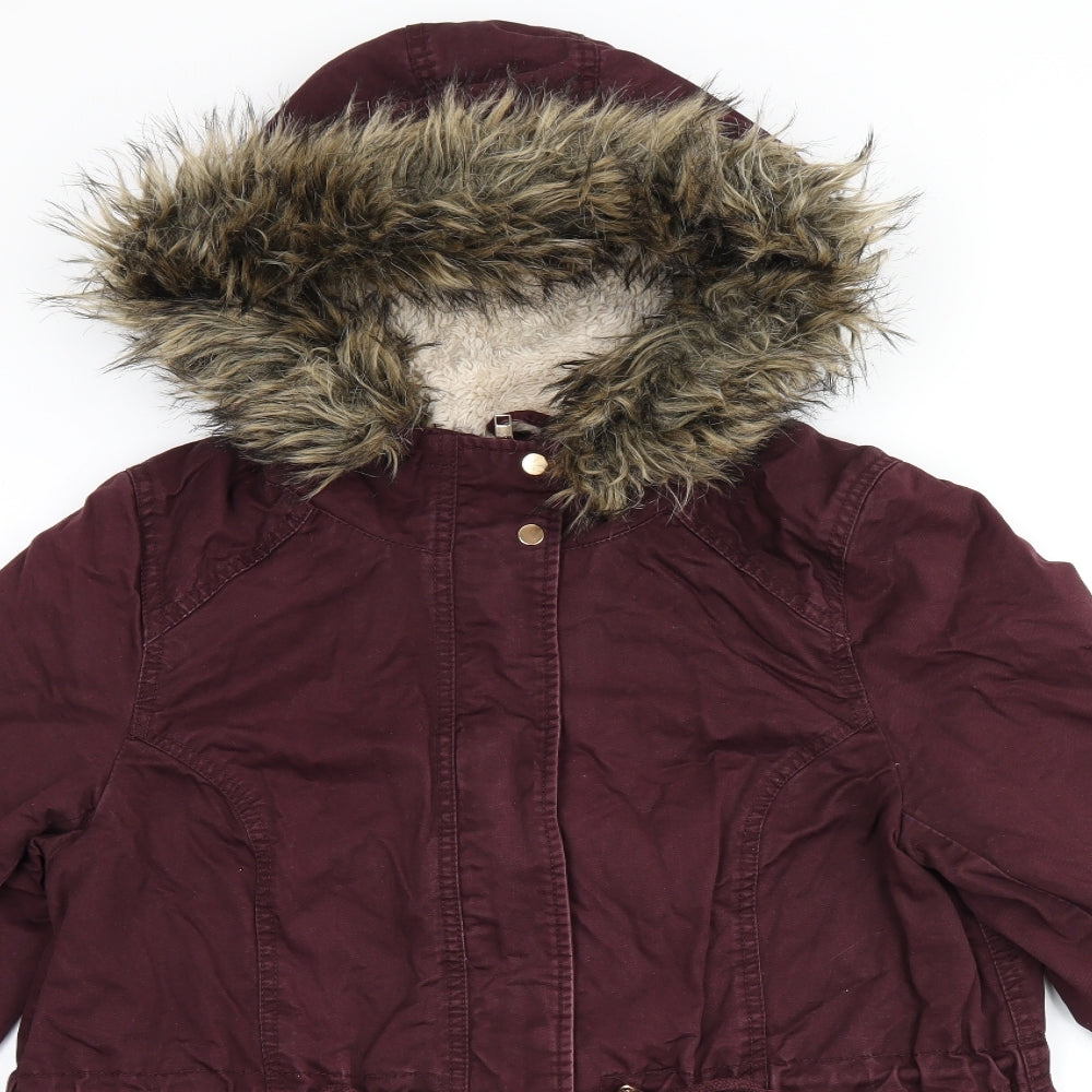 H&M Womens Red Parka Coat Size 14 Zip - Fur Hood