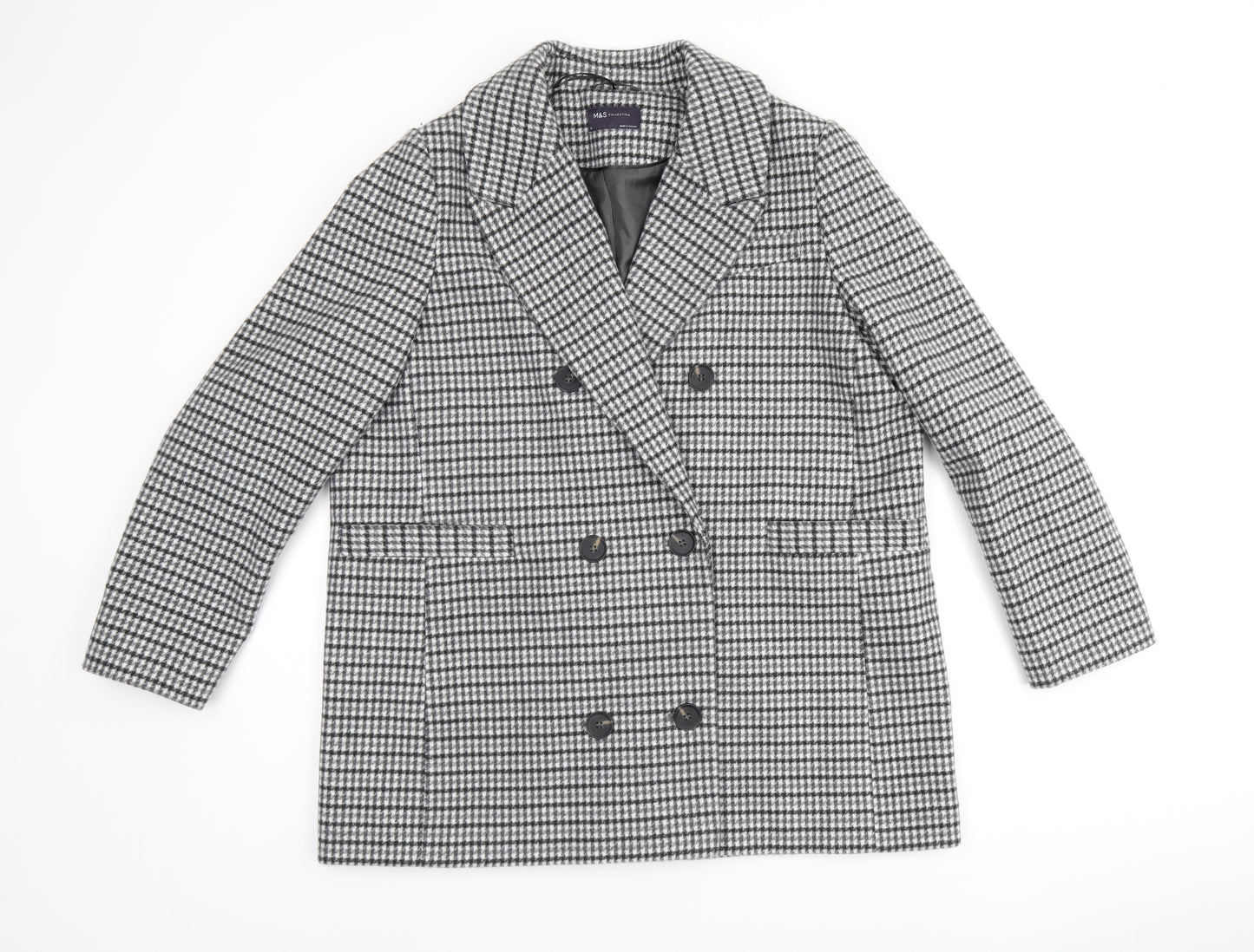 Marks and Spencer Womens Grey Plaid Overcoat Coat Size 18 Button