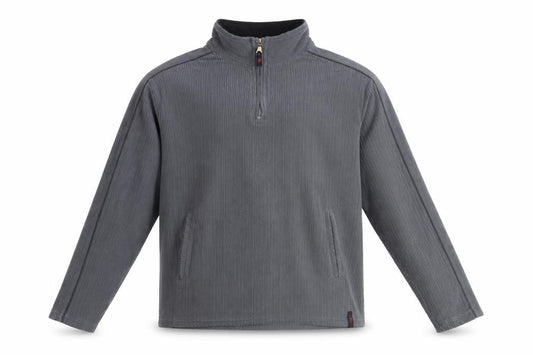 Front view of Duke Outdoor men’s grey polyester pullover sweatshirt, size L