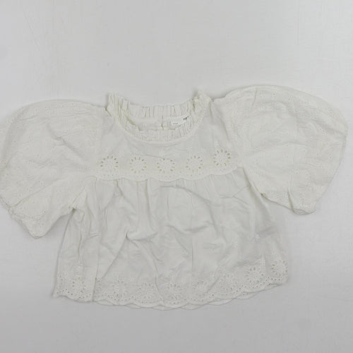 Marks and Spencer Girls White Cotton Basic Blouse Size 9-10 Years Mock Neck Button - Broderie Anglaise