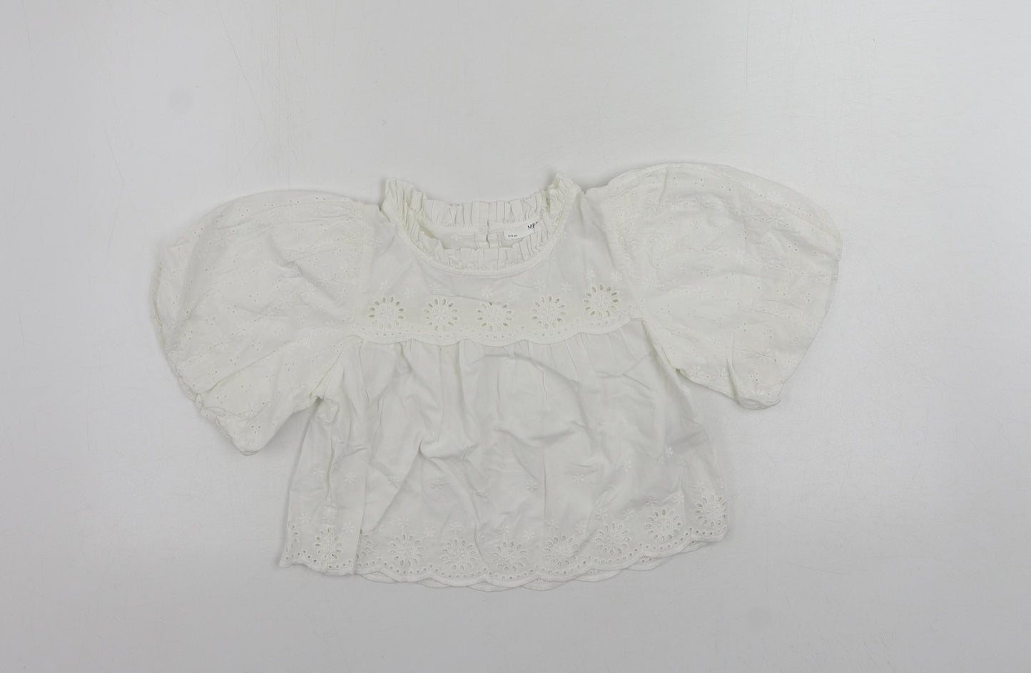Marks and Spencer Girls White Cotton Basic Blouse Size 9-10 Years Mock Neck Button - Broderie Anglaise
