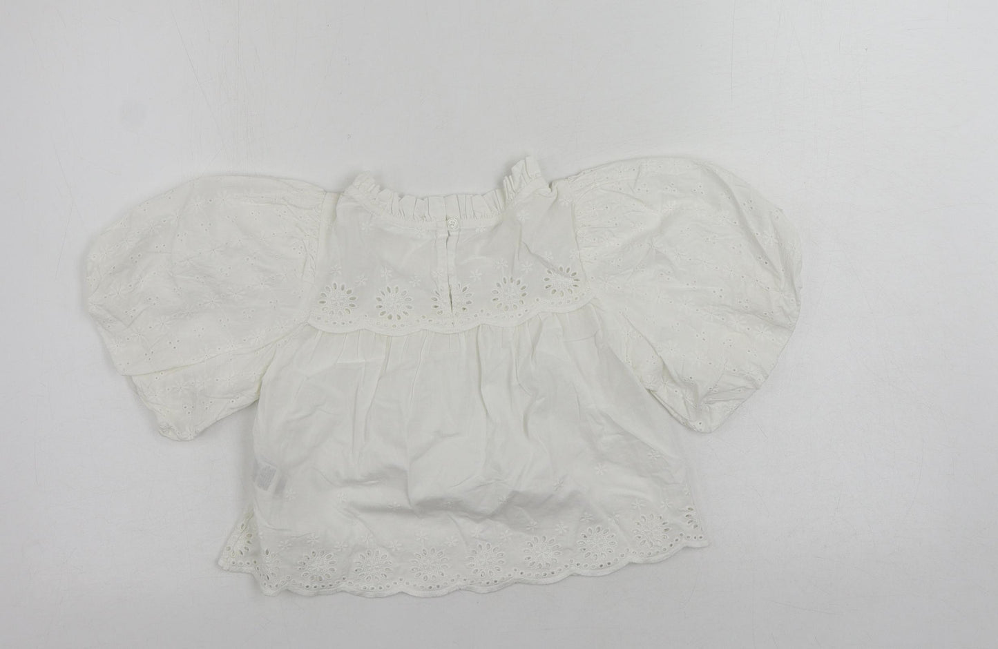 Marks and Spencer Girls White Cotton Basic Blouse Size 9-10 Years Mock Neck Button - Broderie Anglaise
