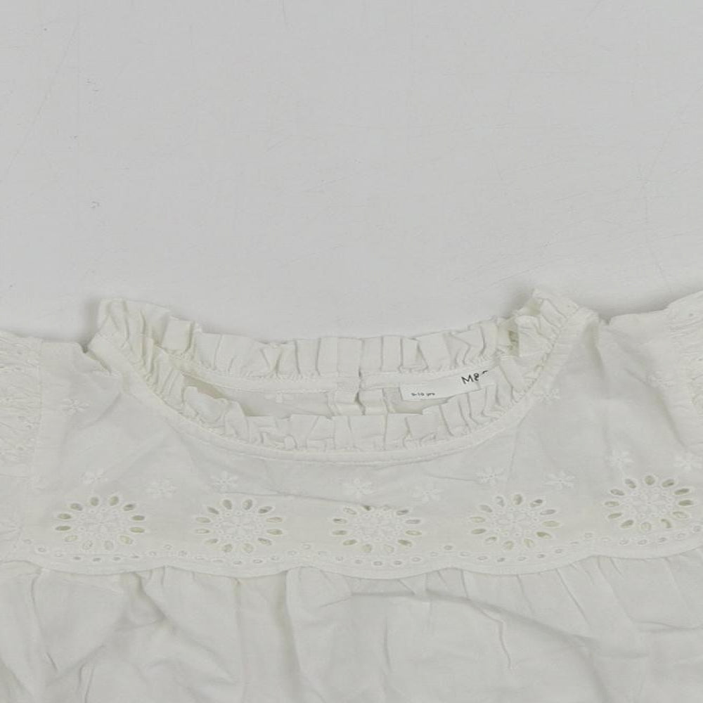 Marks and Spencer Girls White Cotton Basic Blouse Size 9-10 Years Mock Neck Button - Broderie Anglaise
