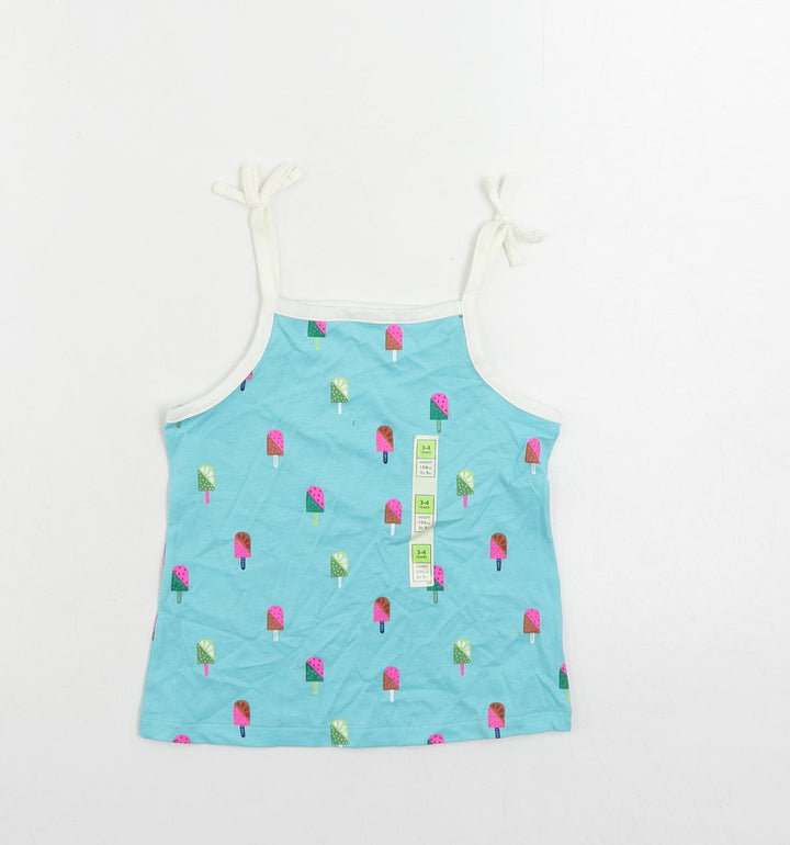 Marks and Spencer Girls Blue Geometric Cotton Camisole Tank Size 3-4 Years Square Neck Pullover - Ice Cream Print