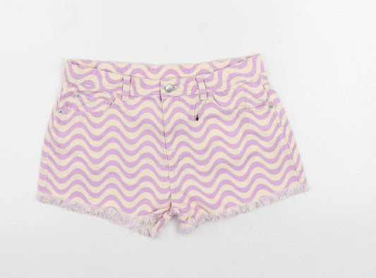 Marks and Spencer Girls Purple Striped Cotton Cut-Off Shorts Size 13-14 Years Regular Zip