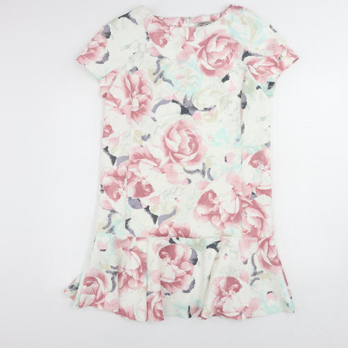 Marks and Spencer Womens Multicoloured Floral Polyester Shift Size 14 Boat Neck Zip - Ruffle