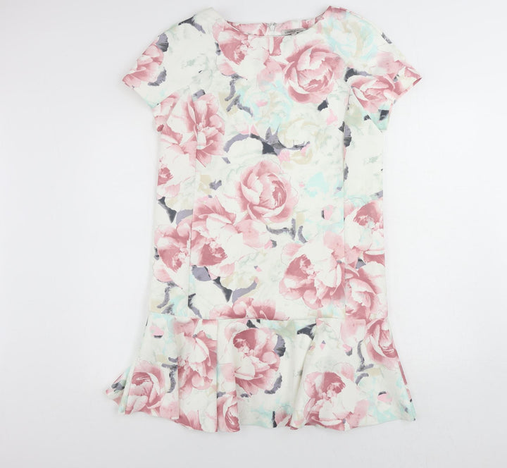 Marks and Spencer Womens Multicoloured Floral Polyester Shift Size 14 Boat Neck Zip - Ruffle