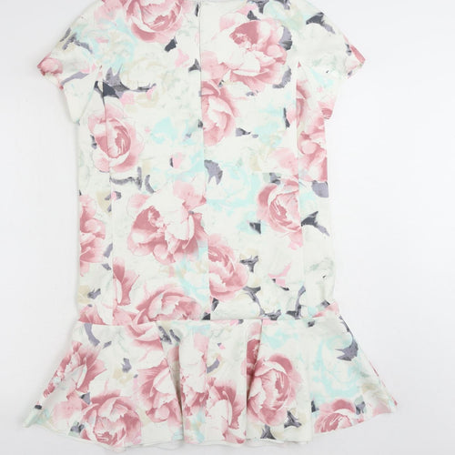 Marks and Spencer Womens Multicoloured Floral Polyester Shift Size 14 Boat Neck Zip - Ruffle