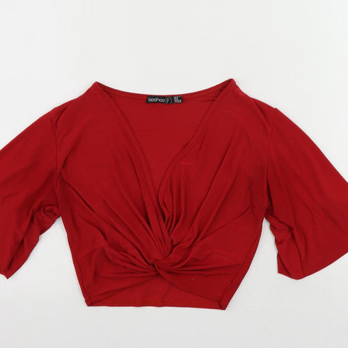 Boohoo Womens Red Polyester Cropped Blouse Size 10 V-Neck - Front Twist