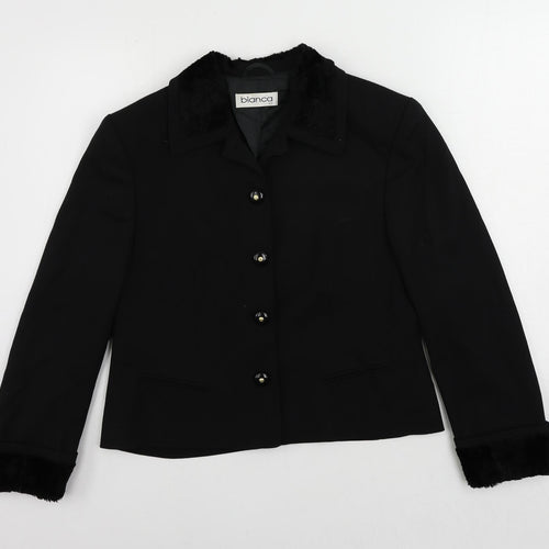 Bianca Womens Black Jacket Blazer Size 12 Button - Faux Fur Trim