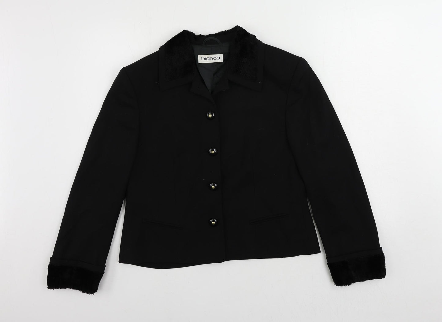 Bianca Womens Black Jacket Blazer Size 12 Button - Faux Fur Trim