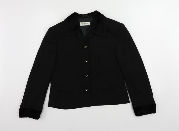 Bianca Womens Black Jacket Blazer Size 12 Button - Faux Fur Trim