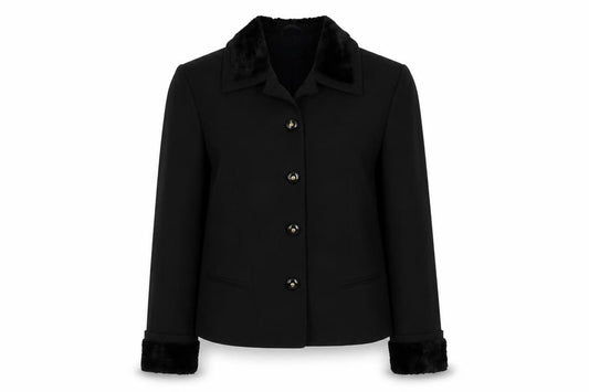 Front view of Bianca women’s black jacket blazer, size UK 12, button - faux fur trim