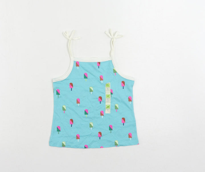 Marks and Spencer Girls Blue Geometric Cotton Camisole Tank Size 3-4 Years Square Neck Pullover - Ice Cream Print