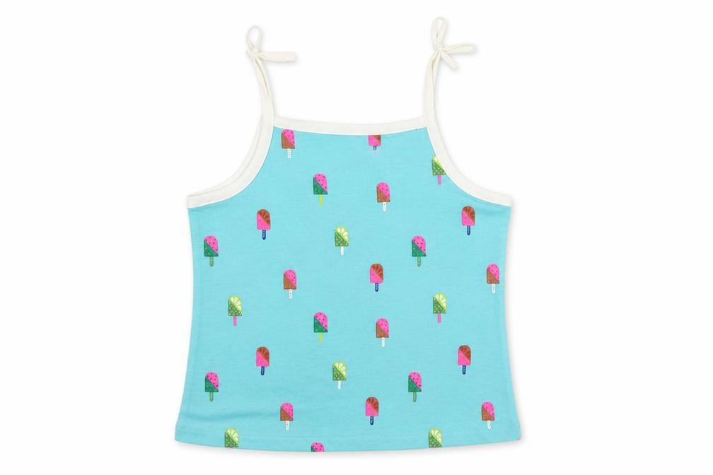 Marks and Spencer Girls Blue Geometric Cotton Camisole Tank Size 3-4 Years Square Neck Pullover - Ice Cream Print