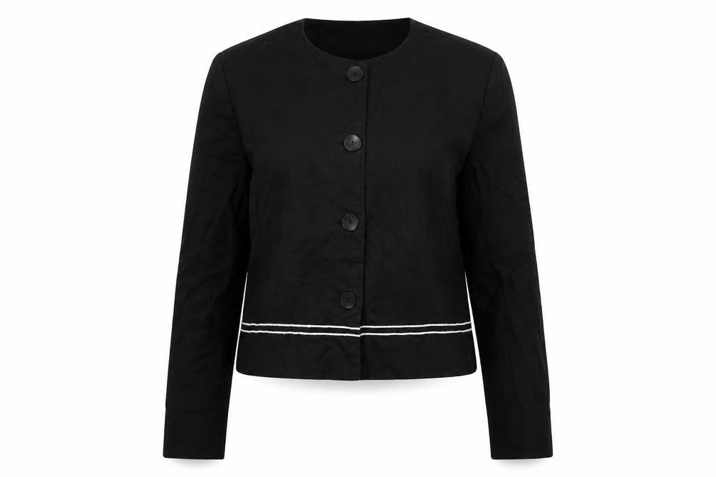 Front view of Joella Di Marco women’s black jacket blazer, size M, button