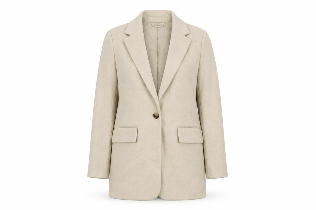Front view of H&M women’s beige overcoat coat, size S, button