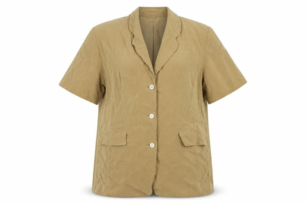 Front view of Touch Of Silk women’s beige jacket blazer, size UK 14, button