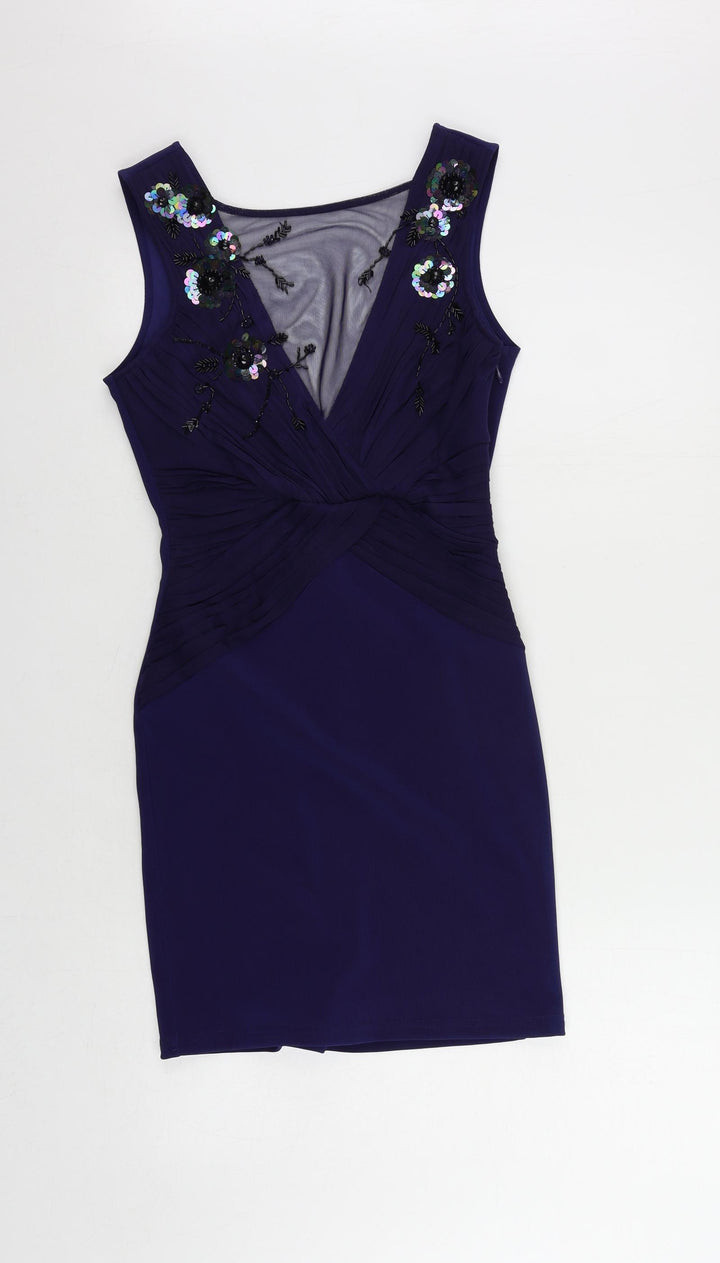 Lipsy Womens Blue Polyester Pencil Dress Size 10 Round Neck Pullover - Embellished