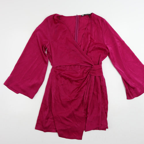 Zara Womens Pink Polyester Mini Size M V-Neck Zip