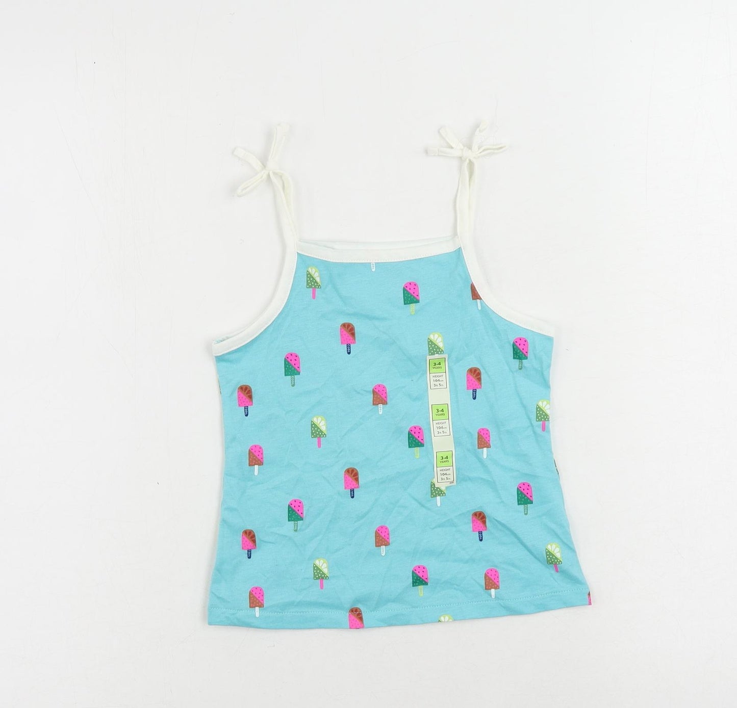 Marks and Spencer Girls Blue Geometric Cotton Camisole Tank Size 3-4 Years Square Neck Pullover - Ice Cream Print