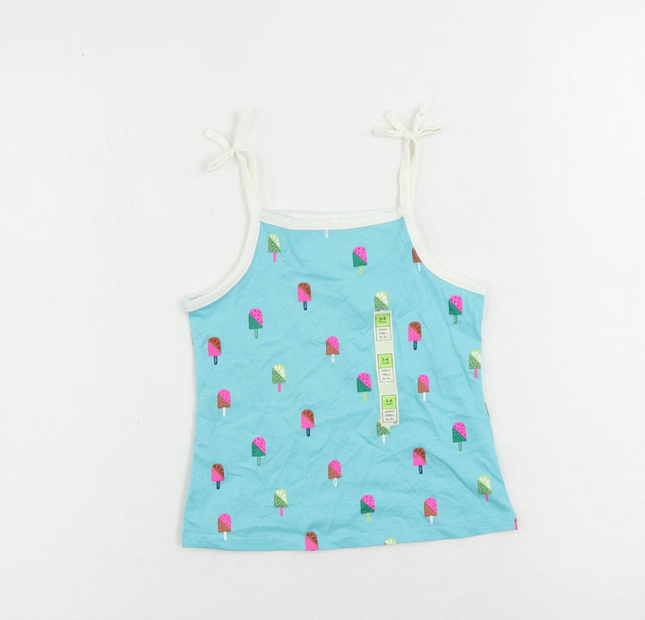 Marks and Spencer Girls Blue Geometric Cotton Camisole Tank Size 3-4 Years Square Neck Pullover - Ice Cream Print