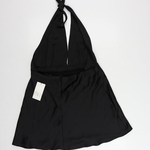 Zara Womens Black Polyester Skater Dress Size 2XL Halter Zip - Backless