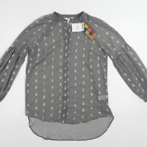 NEXT Womens Grey Geometric Polyester Basic Button-Up Size 10 Round Neck - Christmas Tree Print