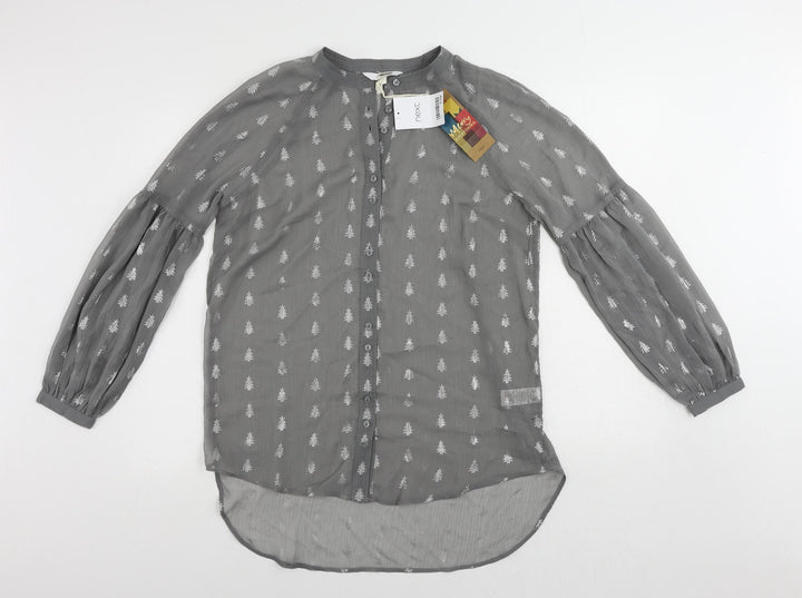 NEXT Womens Grey Geometric Polyester Basic Button-Up Size 10 Round Neck - Christmas Tree Print