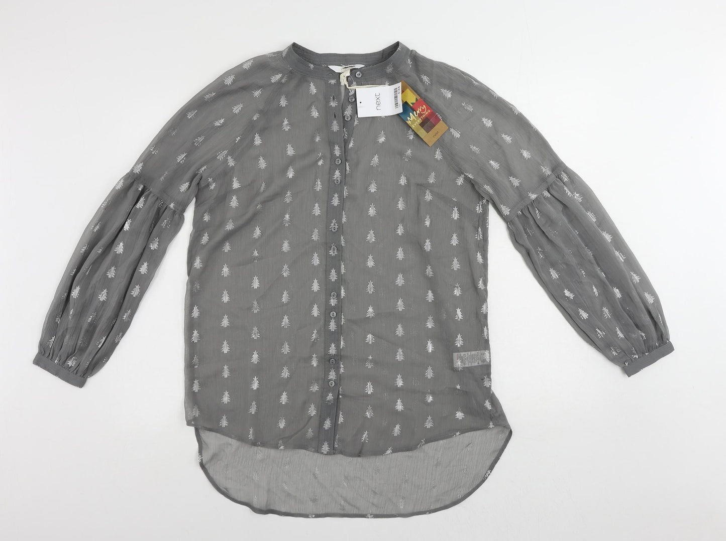 NEXT Womens Grey Geometric Polyester Basic Button-Up Size 10 Round Neck - Christmas Tree Print