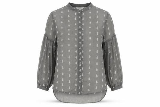 Front view of Next women’s grey geometric polyester basic button-up, size UK 10, round neck - christmas tree print