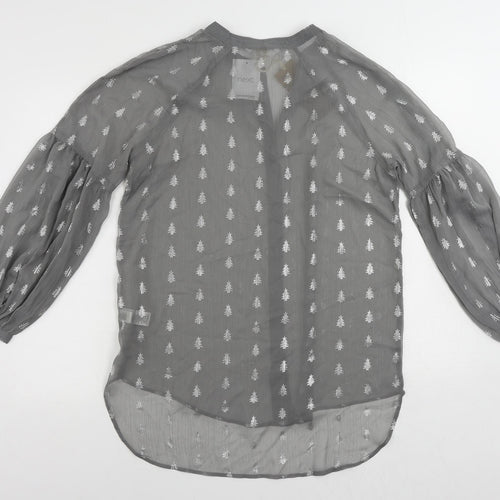 NEXT Womens Grey Geometric Polyester Basic Button-Up Size 10 Round Neck - Christmas Tree Print