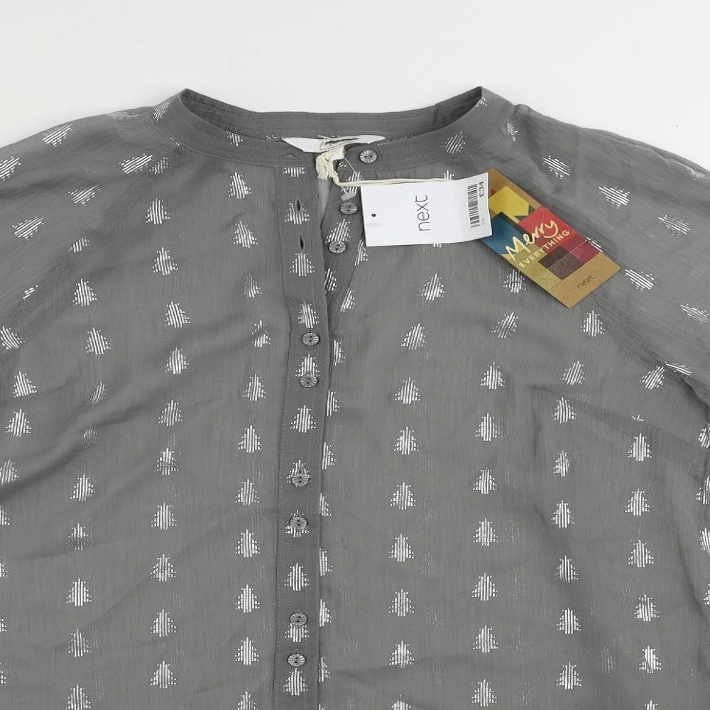 NEXT Womens Grey Geometric Polyester Basic Button-Up Size 10 Round Neck - Christmas Tree Print