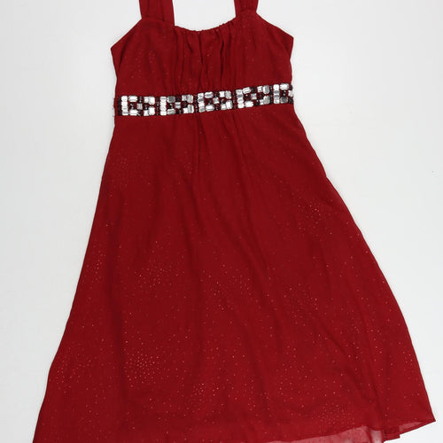 BHS Womens Red Polyester A-Line Size 12 Square Neck Zip - Embellished