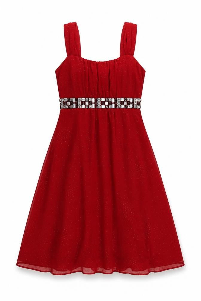 Front view of BHS women’s red polyester a-line, size UK 12, square neck zip - embellished