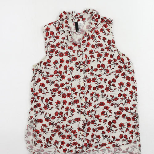H&M Womens White Floral Viscose Basic Button-Up Size 8 Collared