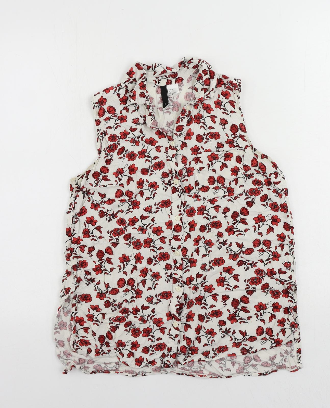 H&M Womens White Floral Viscose Basic Button-Up Size 8 Collared