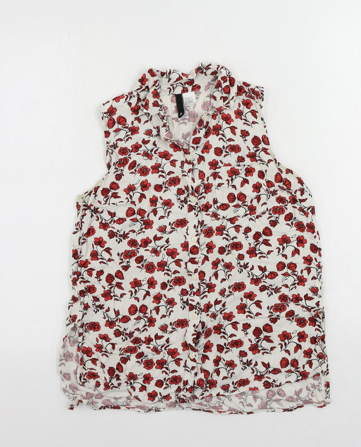 H&M Womens White Floral Viscose Basic Button-Up Size 8 Collared