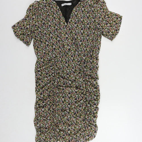By Clara Womens Multicoloured Floral Polyester Sheath Size M V-Neck Zip - Ruched
