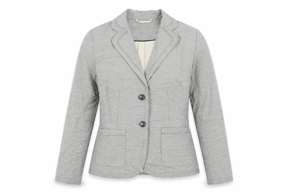 Front view of Marks & Spencer women’s grey striped jacket blazer, size UK 10, button